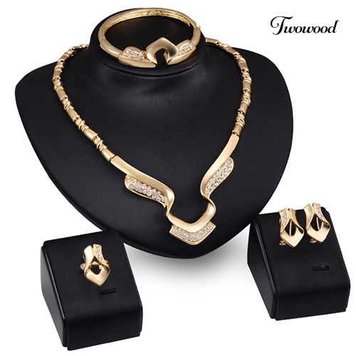 Twowood Women's Stylish Banquet Party Alloy Choker Kalung Gelang Cincin Anting Set