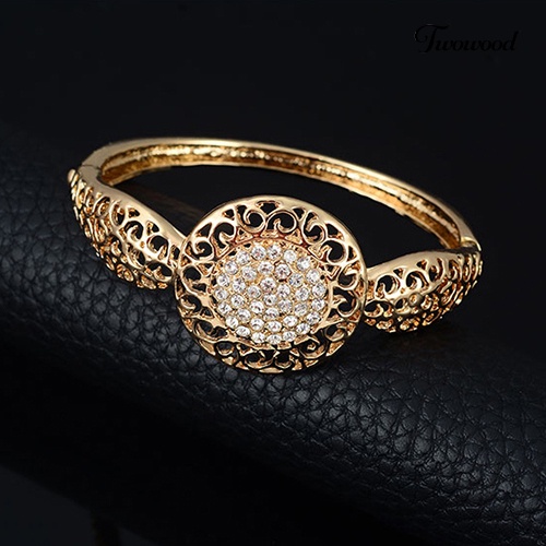 Twowood Wanita Perjamuan Pesta Pernikahan Berongga Berlian Imitasi Kalung Gelang Cincin Anting Set