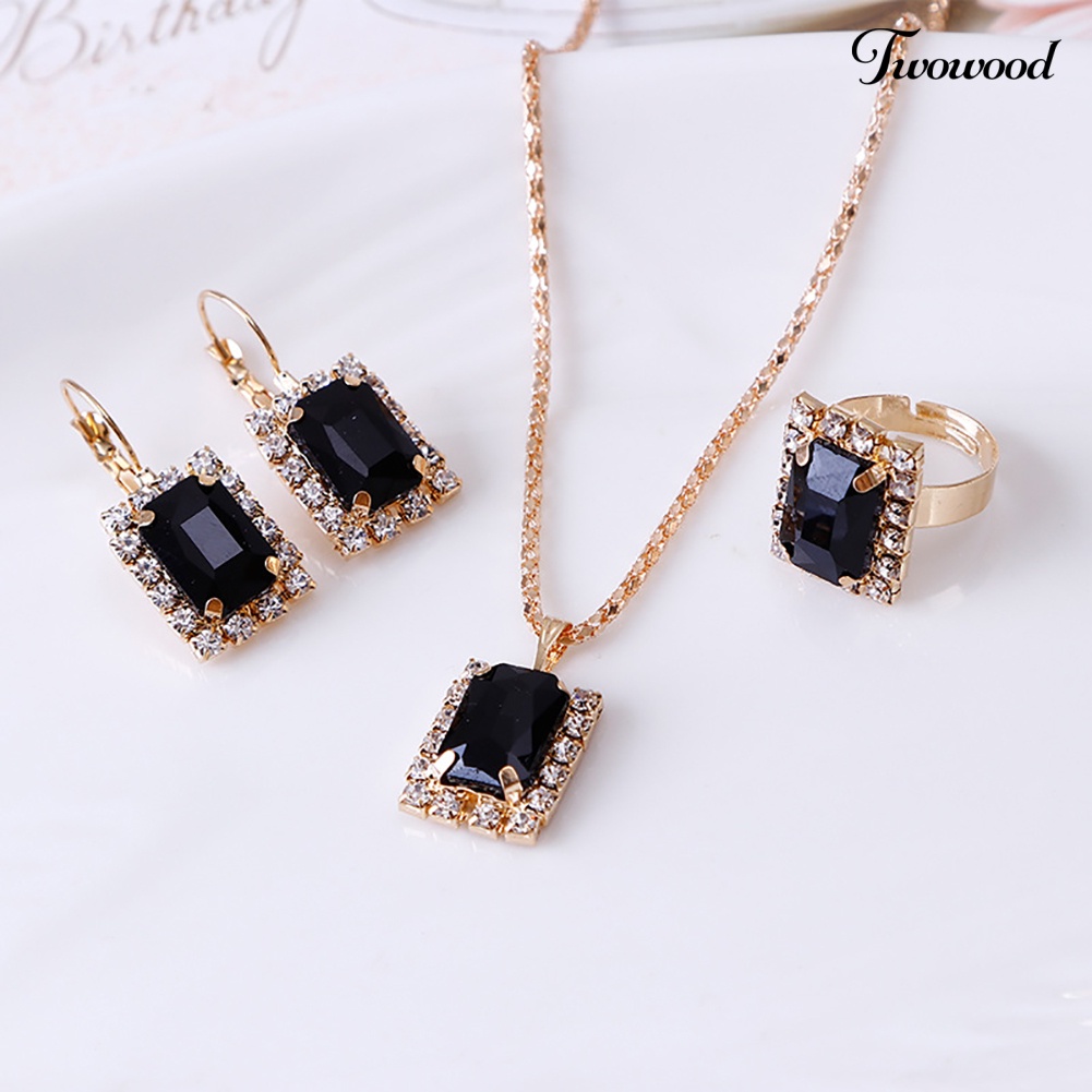 Twowood Fashion Set Perhiasan Wanita Perjamuan Pesta Pernikahan Kalung Anting Cincin Jari