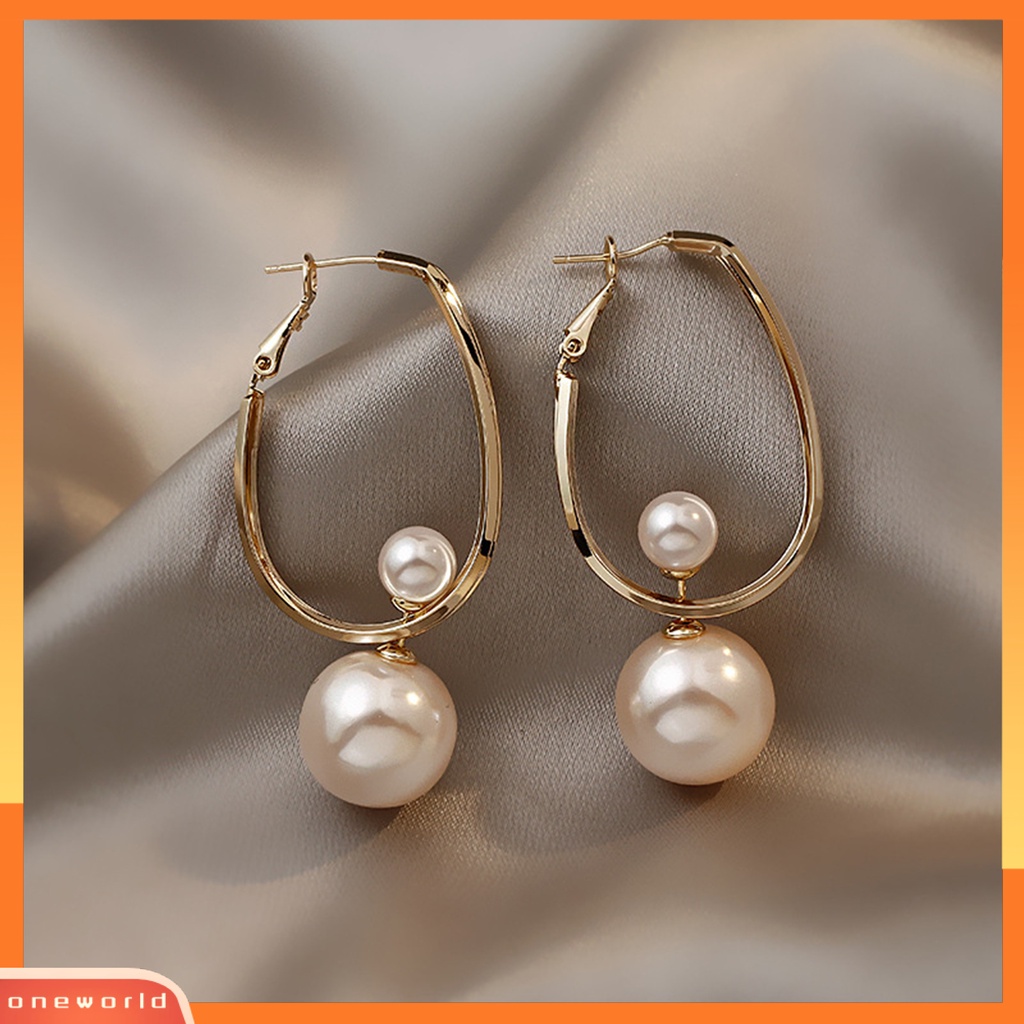 [OWR] 1pasang Menjuntai Anting Geometris Tinggi Gloss Temperamen Cahaya Mewah Tindik Hias Hypoallergenic Mutiara Imitasi Hoop Earrings Perhiasan Aksesori