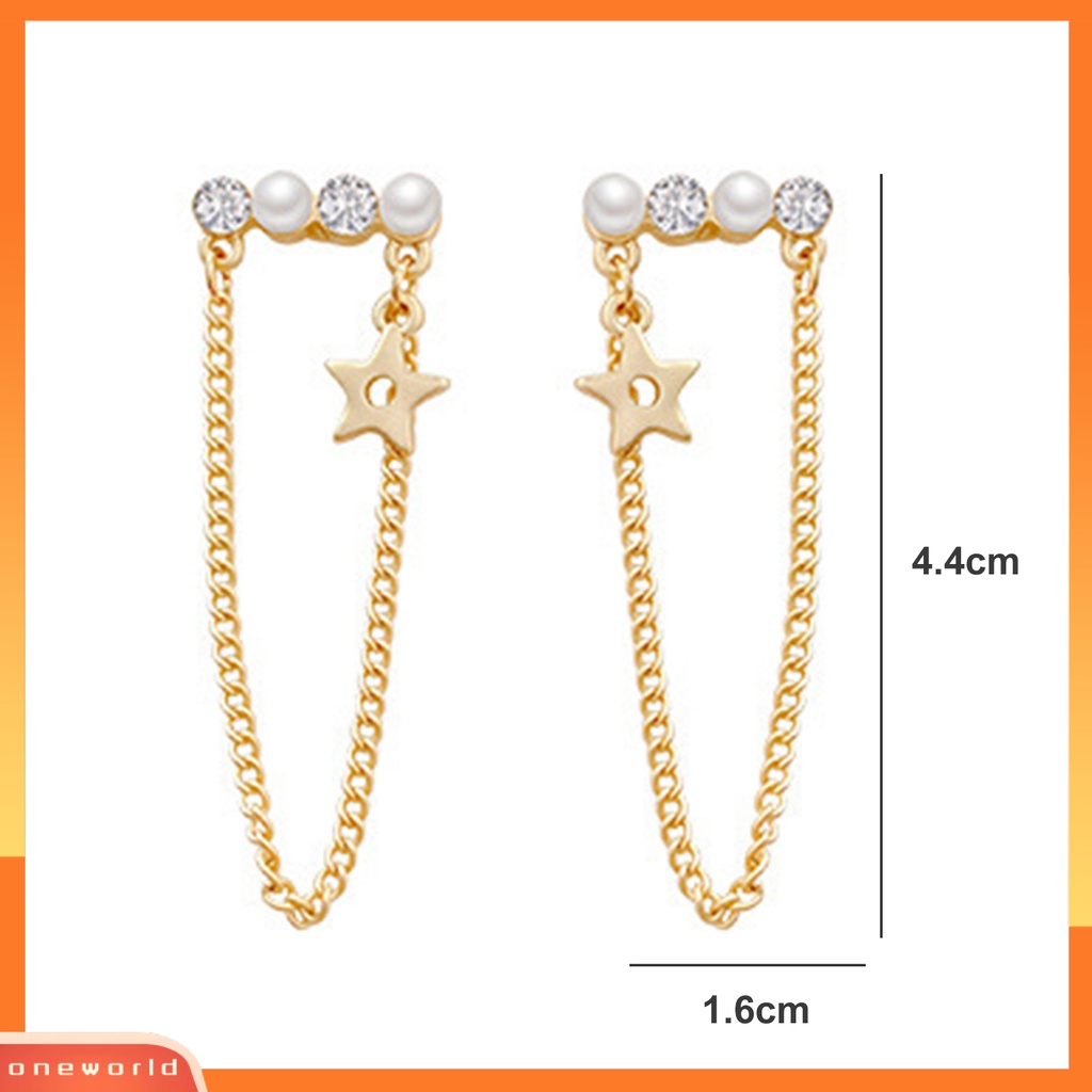 [OWR] 1pasang Drop Earrings Golden Chain Star Charm Mutiara Imitasi Kepribadian Berlian Imitasi Bertatahkan Wanita Stud Earrings Fashion Jewelry