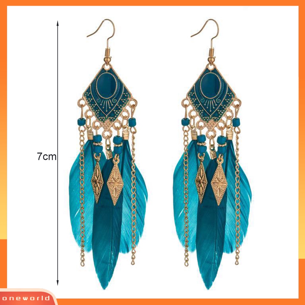 [OWR] 1pasang Anting Kait Bohemian Tetes Minyak Geometris Persegi Panjang Liontin Temperamen Dekorasi Elegan Buatan Bulu Rumbai Menjuntai Anting Aksesoris Kostum