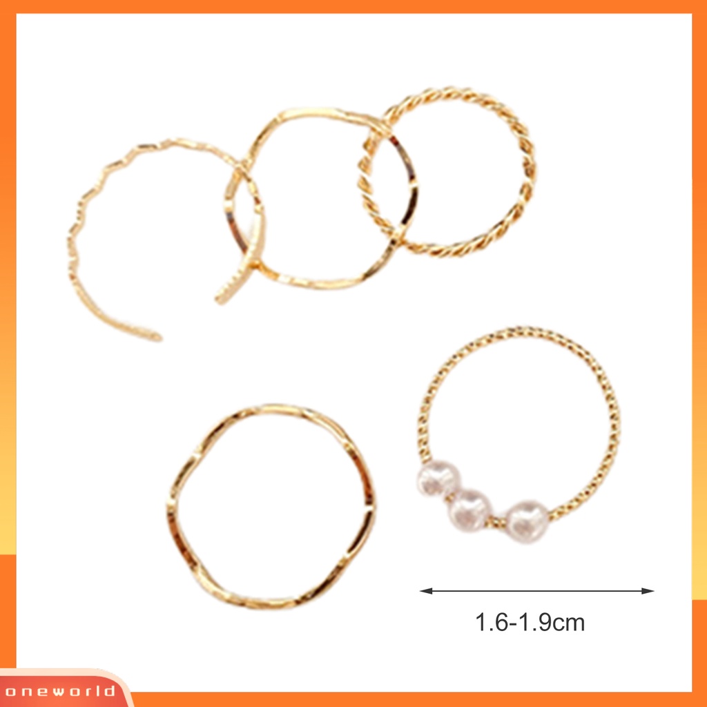 [EONE] 5pcs Cincin Jari Bergelombang Gaya Jepang Korea Mutiara Imitasi Perhiasan Electroplating Stackable Rings Set Untuk Pesta Pernikahan Perjamuan Prom