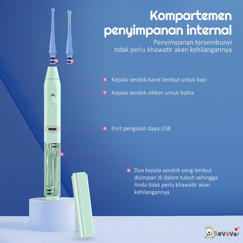 BEVAVAR Rechargeable Korek Kuping LED Pembersih Telinga Bayi Silikon Ear pick Earpick Nose Tweezer