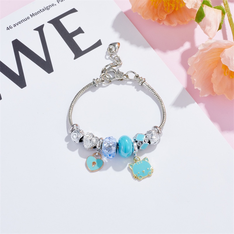 XiaoboACC Stainless Steel Rantai Ular DIY Kartun Kucing Liontin Terbuka Adjustable Pesona Manik-Manik Gelang