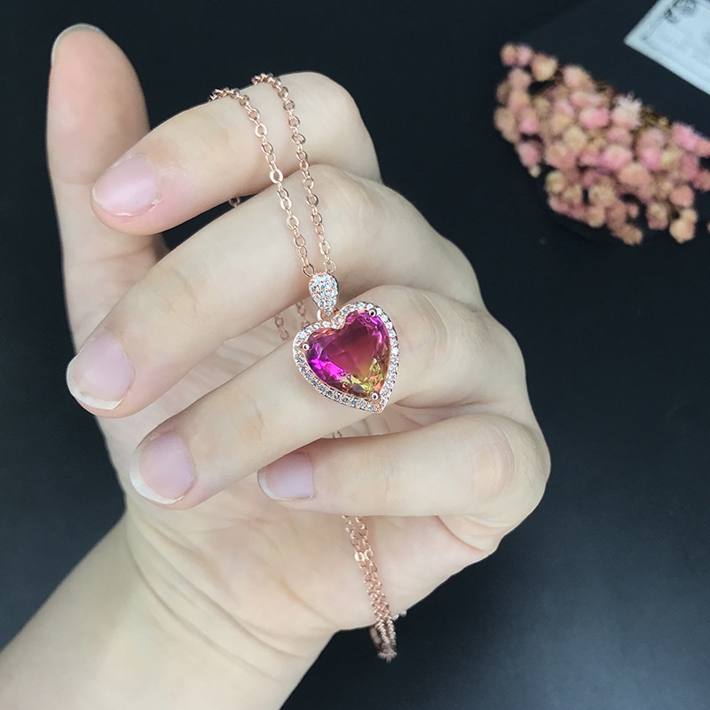 Goldkingdom Aksesoris Perhiasan Fashion Ready Stock Micro-studded Diamond Ring Dengan Liontin Amethyst Berbentuk Cinta Set Kalung Perempuan