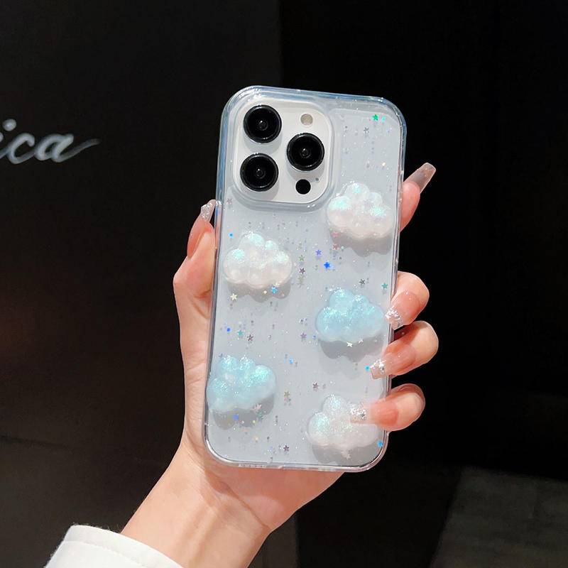 Casing Ponsel 3D Awan Glitter Untuk iPhone 14 13 12 11 Pro MAX Plus Mini Bintang Payet Bening Lembut Pelindung Cover Untuk iPhone X XS MAX XR 7 8 Plus SE 2022 2020 14Plus 13Mini 12Mini