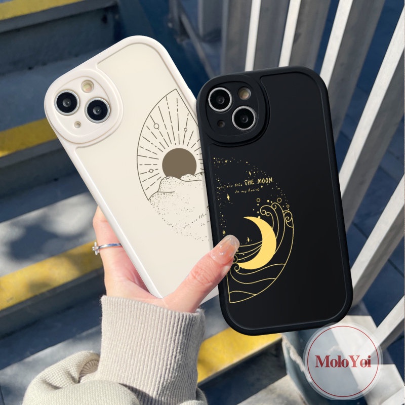 IPHONE Couple The Moon Sun Case Kompatibel Untuk Iphone11 13 12 14 Pro MAX 7plus XR 7 8 6s 6 14 Plus X XS MAX SE 2020 Simple Tpu Pasangan Silicon Lembut Mode Ponsel Penutup Belakang