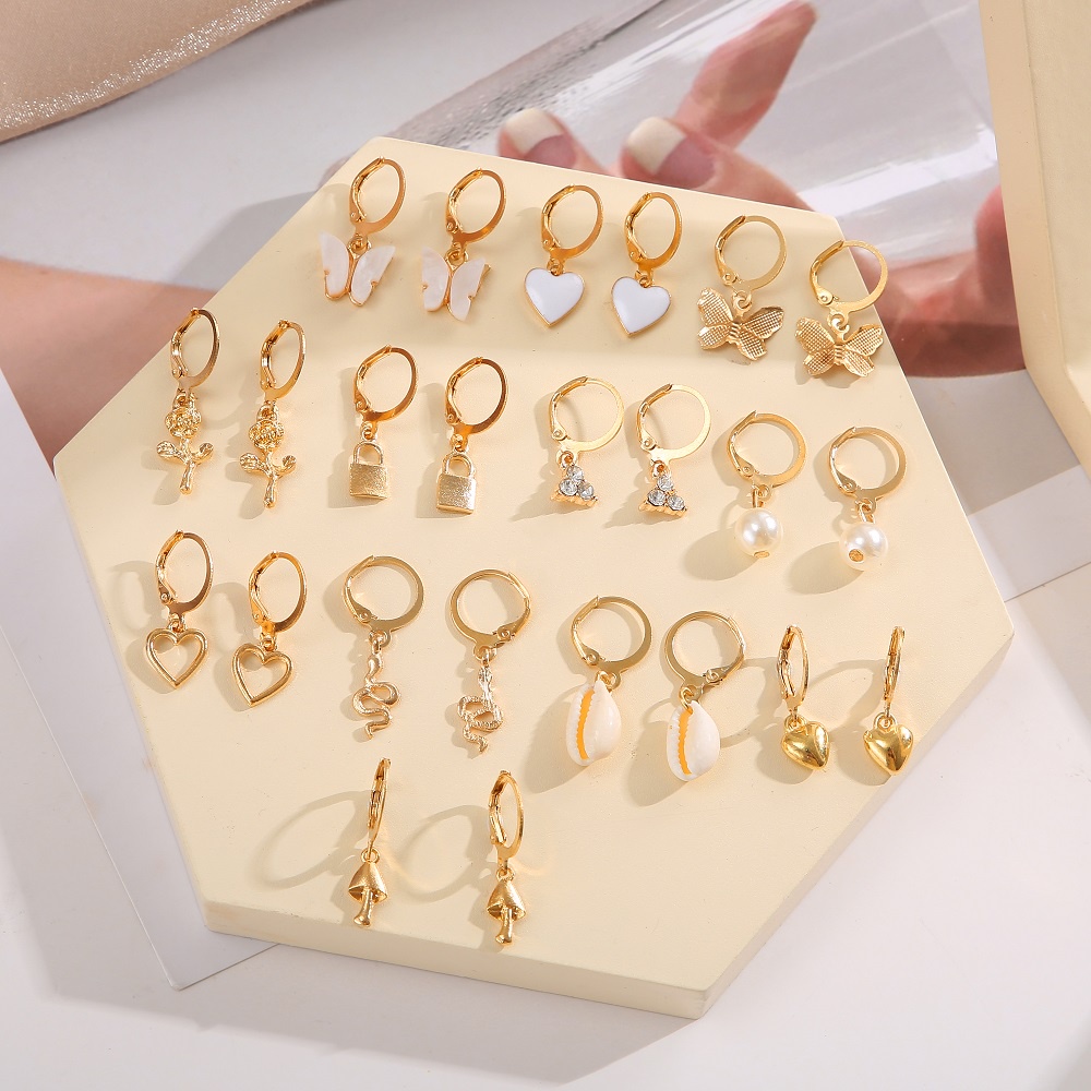 Yeezii 12pasang/set Ular Kupu-Kupu Jamur Lock Hoop Earrings Emas Zirkon Mutiara Drop Oil Shell Earring Untuk Wanita Aksesoris Perhiasan