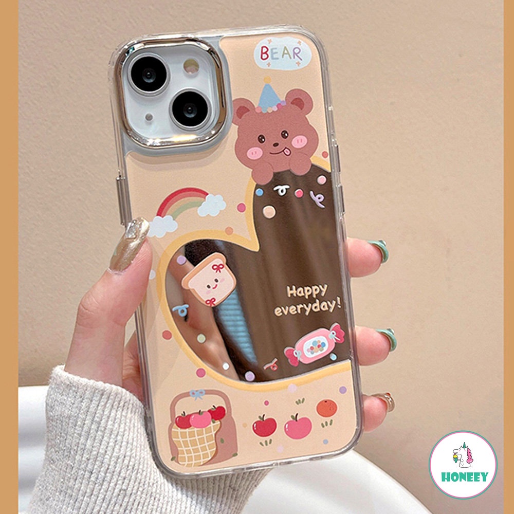 IPHONE Lucu Korea Mewah Cinta Hati Beruang Pelangi Makeup Mirror Phone Case Untuk Iphone11 12 13 14 Pro Max Shockproof Back Cover