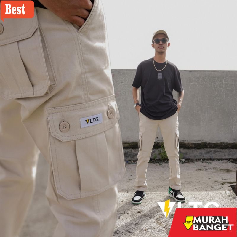 Celana Kargo Terbaru- Celana Cargo Panjang VLTG.industry Warna Cream Kualitas Bahan Premium Grade A