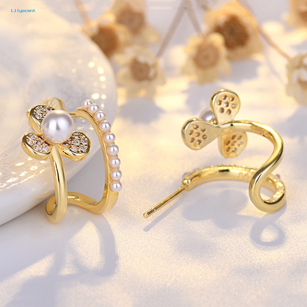 Lilyscent Fashion Jewelry Stud Earrings Untuk Pesta Berkilau Berlian Imitasi Bunga Telinga Studs U-shaped