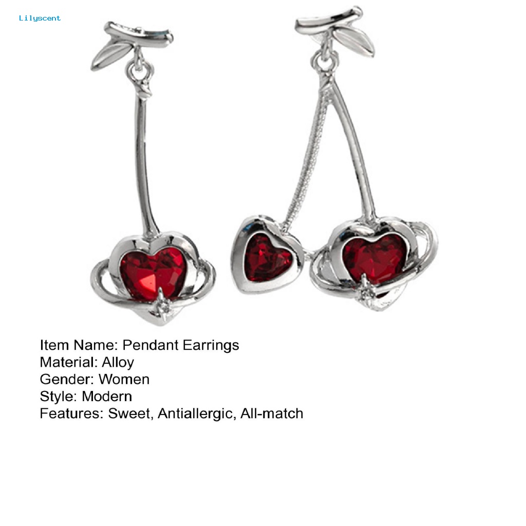 Lilyscent 1pasang Stud Desain Kait Anting Aksesoris Fashion Chic Cinta Hati Merah Berlian Imitasi Kait Anting All-match