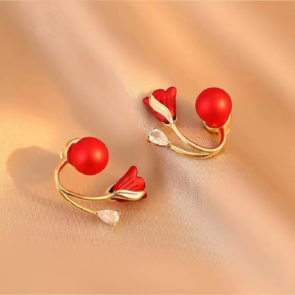 Deartiara Sepasang Anting Mutiara Imitasi Bunga Tulip Retro Merah Dengan Anting High-end Dan Bergaya