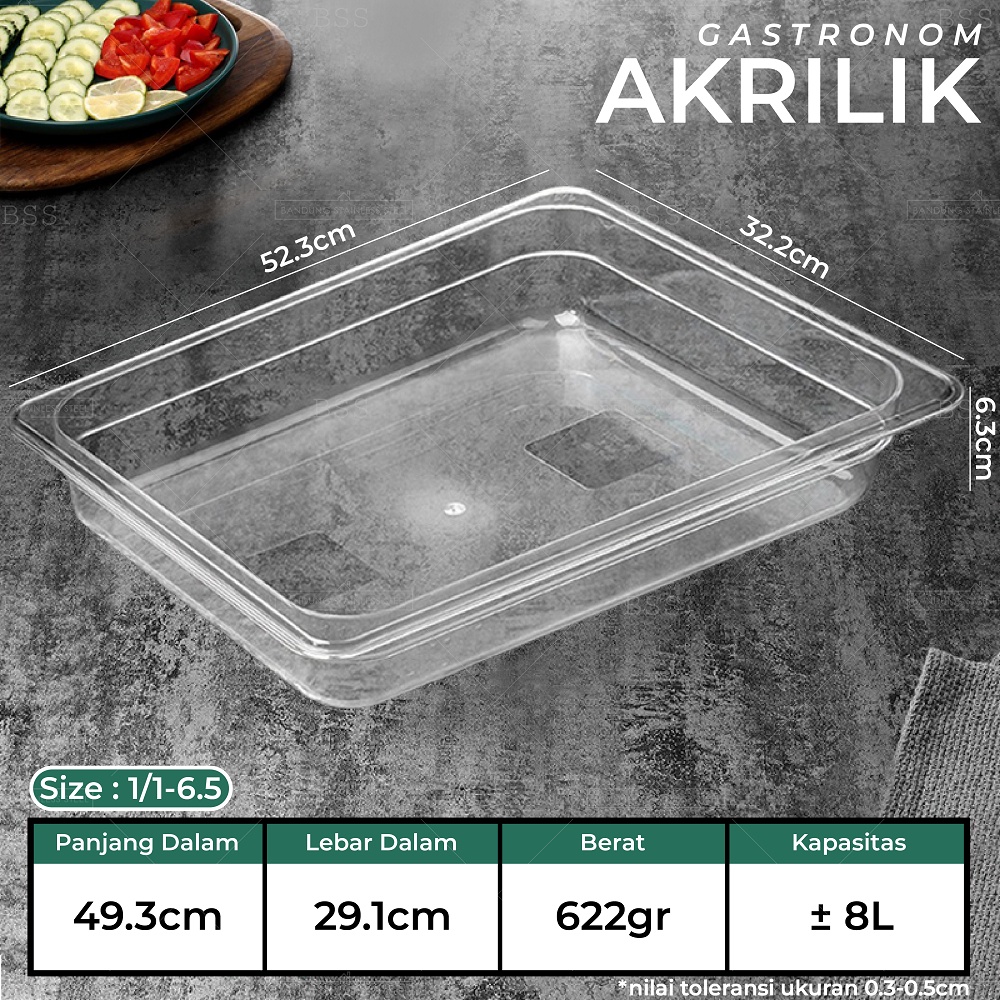 Gastronom Akrilik Food Pan 1/1/6 Kedalaman 6.5cm Wadah Penyimpanan Sayur Buah Daging Makanan Tempat Saji Prasmanan Multifungsi