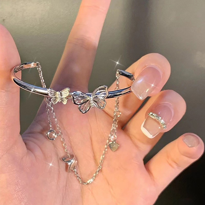 Ay (CN) Gelang Kupu-Kupu Busur Hati Elegan Bunga Lonceng Kristal Zirkon Emas Perak Bangle Adjustable Untuk Aksesoris Perhiasan Wanita