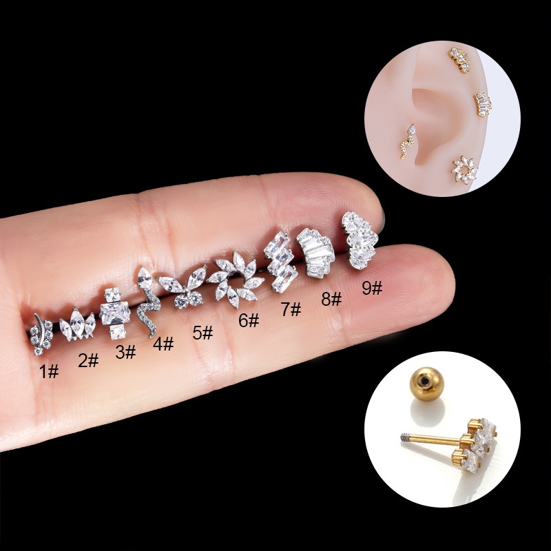 1biji Stainless Steel Zirkon Tulang Rawan Tragus Helix Earring Stud 20Gauge Piercing Barbel Daun Mahkota Ular Bentuk Kupu-Kupu