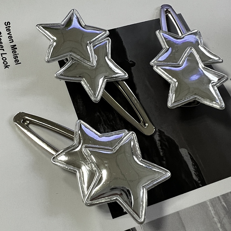 1pc Jepit Rambut Snap Bintang Berujung Lima Untuk Gadis Keren/Manis Silver Glossy Berongga Keluar Jepit Pu Leather Stars Aksesoris Rambut