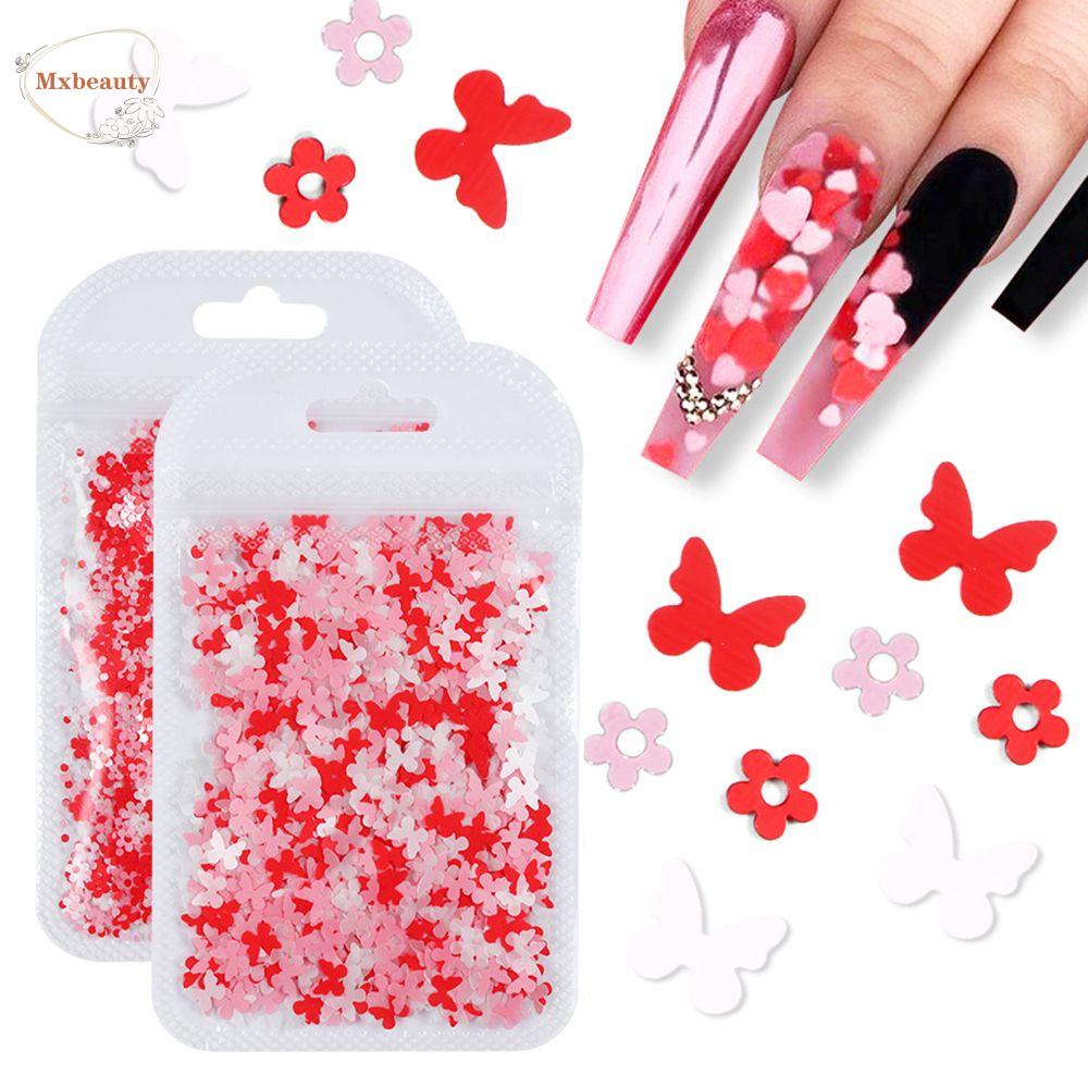 MXBEAUTY Pink Red Nail Art Glitter Flakes Matte DIY Nails Decoration Valentine's Day Nail Art Valentine's Day Design Mixed Nail Sequins Sweet Love Heart Shape Romantic Manicure Accessories