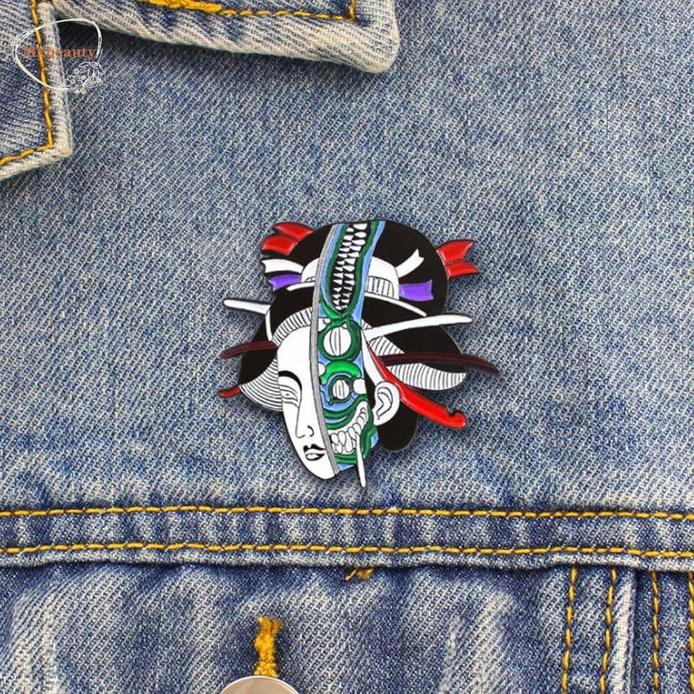 Mxbeauty Geisha Bros Ransel Etnik Wanita Jepang Geisha Woman Skeleton Mask Badge Pin Enamel Pin