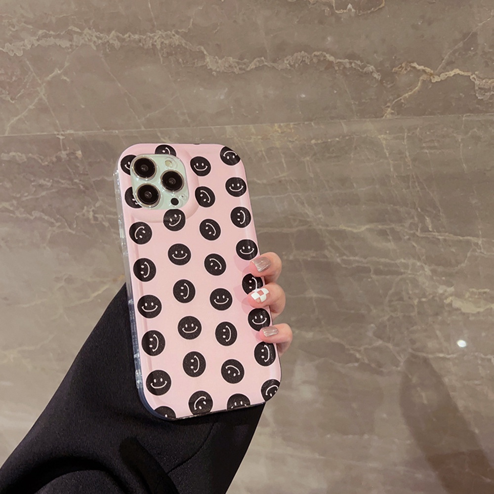 IPHONE Ins Gadis Pink Casing Ponsel Soft Cover Dengan Senyum Hitam Untuk Iphone11 12 13 14 PLUS PRO MAX Perlindungan Penuh Shell