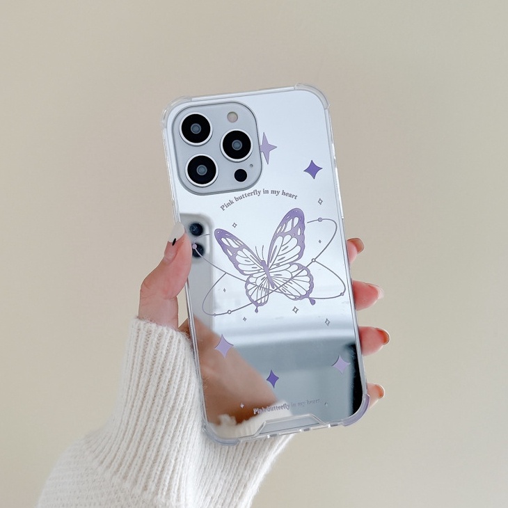 【Anti Fall Mirror】Pretty Silver Makeup Silicone Soft Case Iphone 6S 7 8 Plus X XR XS Max IPhone 11 12 13 14 Pro Max 14 Plus 7+ 8+ 12 13 mini for Women Girl Ins Purple butterfly