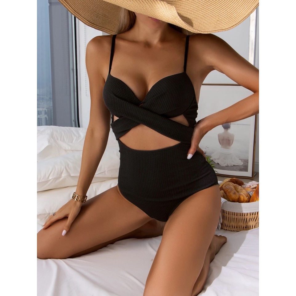 Bikini Set One Piece Baju Renang Wanita Swimsuit Swimwear Hitam Tali Menyilang Bra Push Up Bahan Tekstur Lembut Stretch