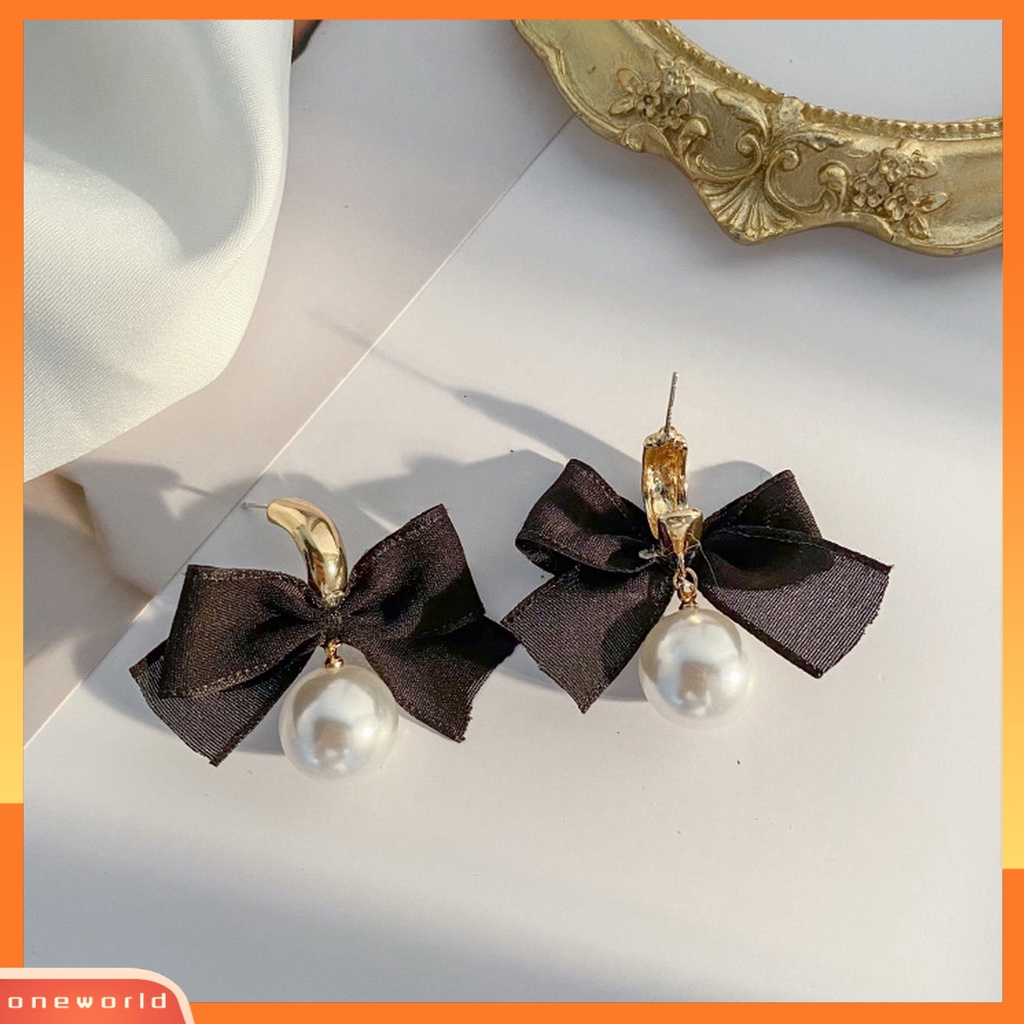 [EONE] 1pasang Anting Menjuntai Retro Gaya Perancis Hitam Ikatan Simpul Elegan Hadiah High Gloss Mutiara Imitasi Wanita Drop Earrings Perhiasan Aksesoris