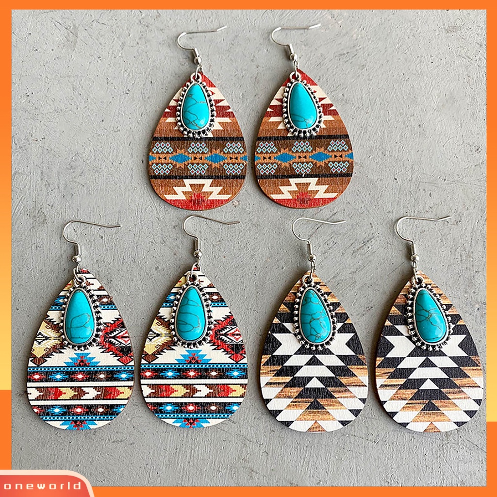 [EONE] 1pasang Anting Menjuntai Bohemian Retro Gaya Etnik Imitasi Turquoise Aztec Pola Dress Up Hadiah Wanita Water Drop Pendant Earrings Boho Perhiasan