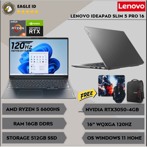 Laptop Gaming Murah Lenovo Ideapad Slim 5 Pro 16 ARH AMD Ryzen 5 6600HS 32GB 1TB SSD RTX3050 16" WQX