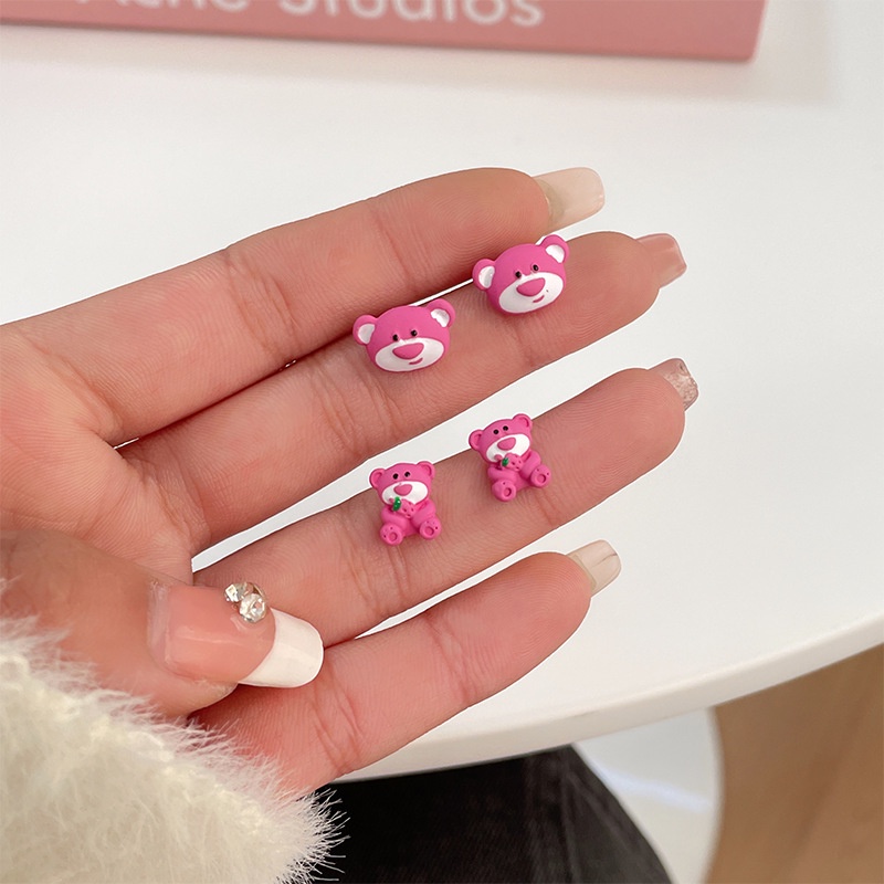 S925 Silver Needle Pink Lucu Strawberry Bear Ear Stud Set