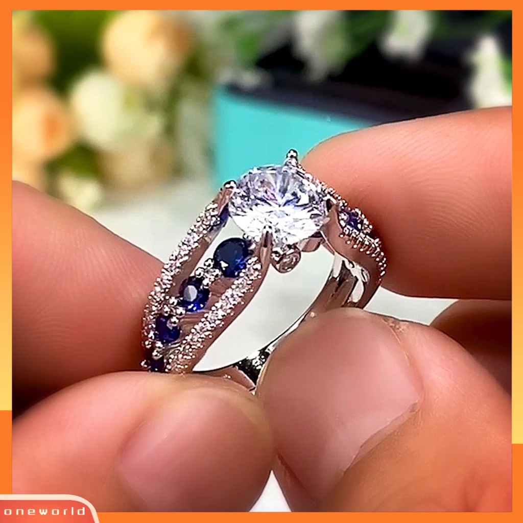 [EONE] Wanita Cincin Berongga Keluar Biru Cubic Zirconia Perhiasan Berlian Imitasi Jari Cincin Hadiah Ulang Tahun