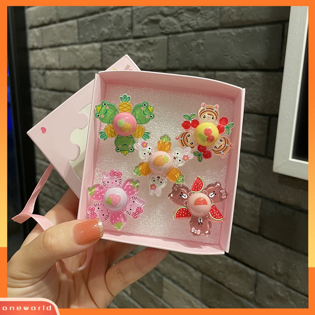 [EONE] 5pcs Cincin Anak-Anak Dapat Diputar Pembukaan Dapat Disesuaikan Warna Cerah Kreatif Kartun Hewan Buah Jari Rings Untuk Kehidupan Sehari-Hari