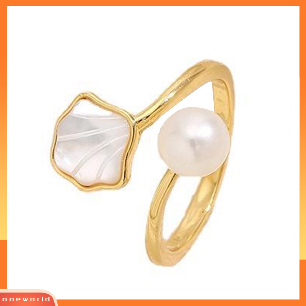 [EONE] Wanita Cincin Buatan Mutiara Bentuk Kerang Adjustable Terbuka Vintage Hias Luster Halus Tepi Buku Jari Cincin Untuk Prom