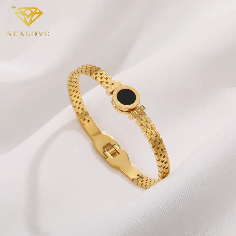 Gelang titanium Wanita Anti Karat Bulat Hitam Romawi Emas 18K Bangle Aksesoris Mewah Korean Style COD