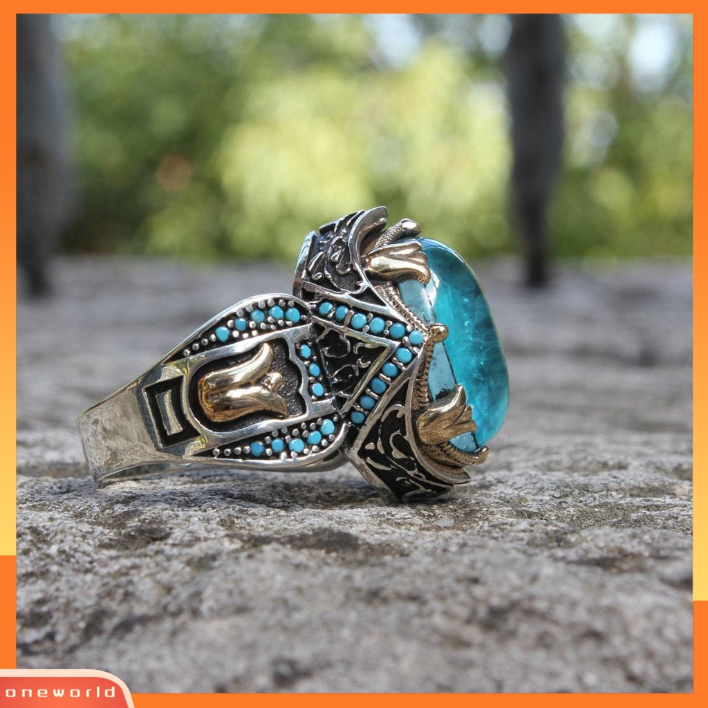 [EONE] Pria Cincin Gaya Eropa Dan Amerika Kepribadian Tangan Ukiran Vintage Hias Batu Biru Pernikahan Cincin Perhiasan Aksesori