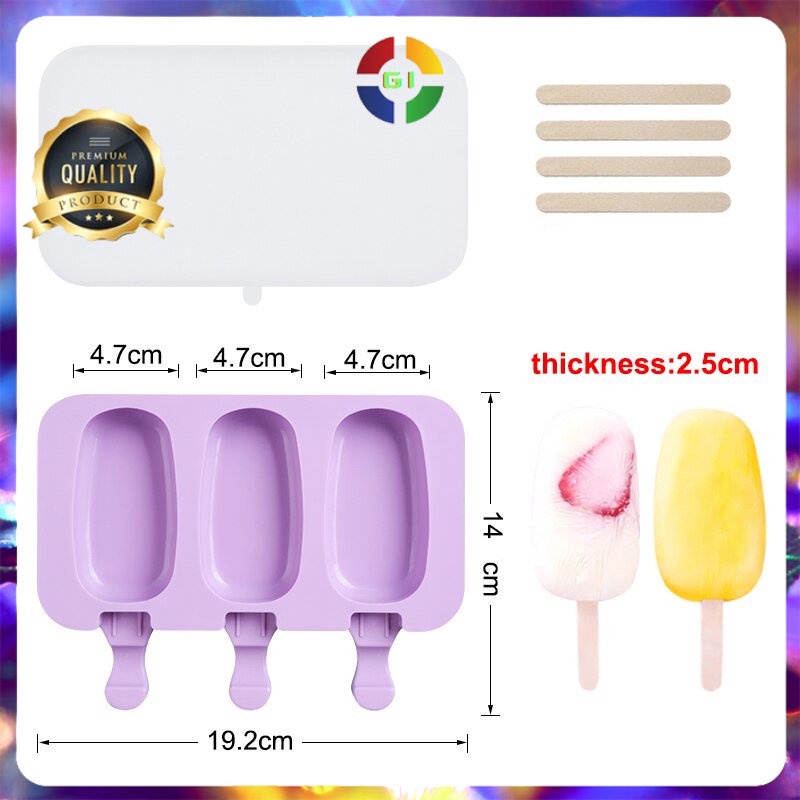 Cetakan Es Krim 3 Hole Silicone Mold Dessert with 50 Popsicle Stick Oval No Color