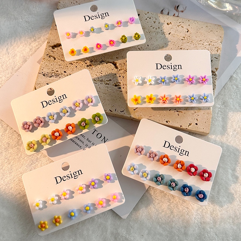 6pasang/set Anting Tusuk Simple Bunga Matahari Flower Geometric Untuk Anak Perempuan