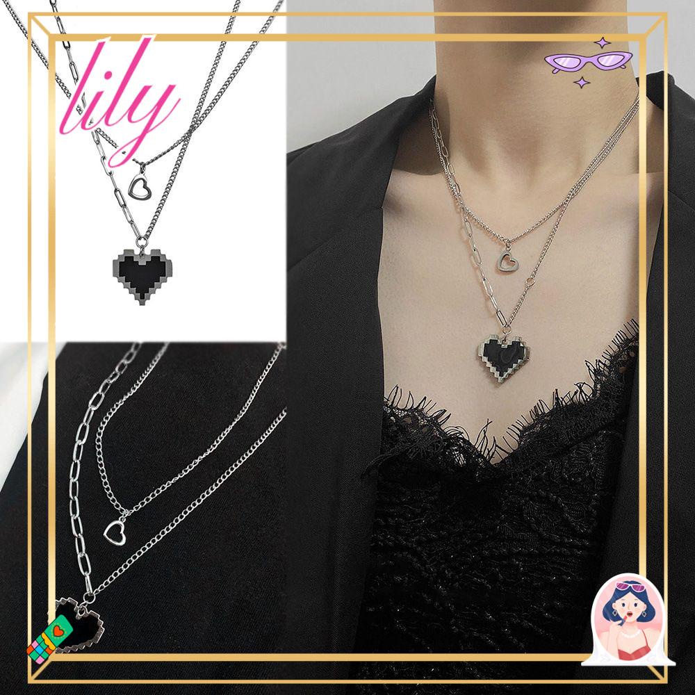 Lily Black Mosaic Love Necklace Trendy Perhiasan Hadiah Wanita Pria Kalung Rantai Double Layer