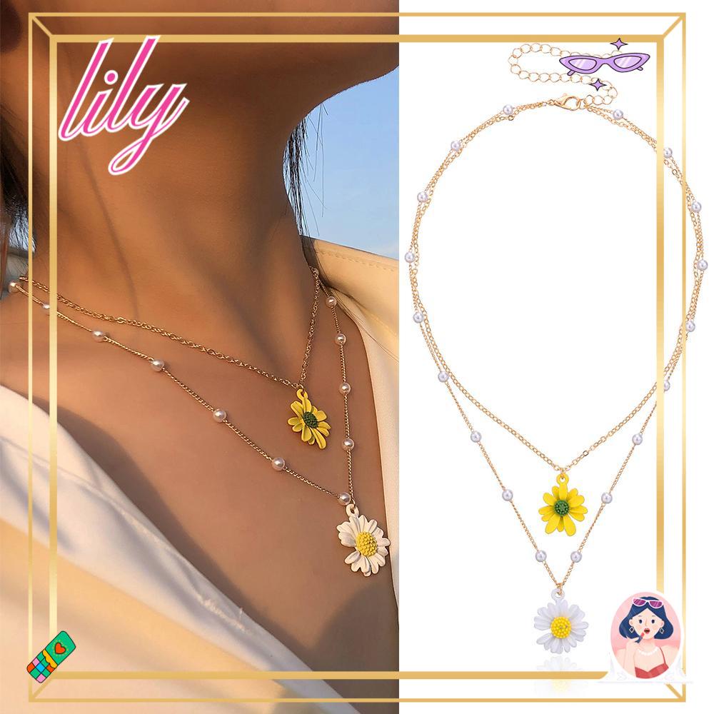 Hadiah Kalung Bunga LILY Daisy Ornamen Perempuan Kuning Putih Double Layered