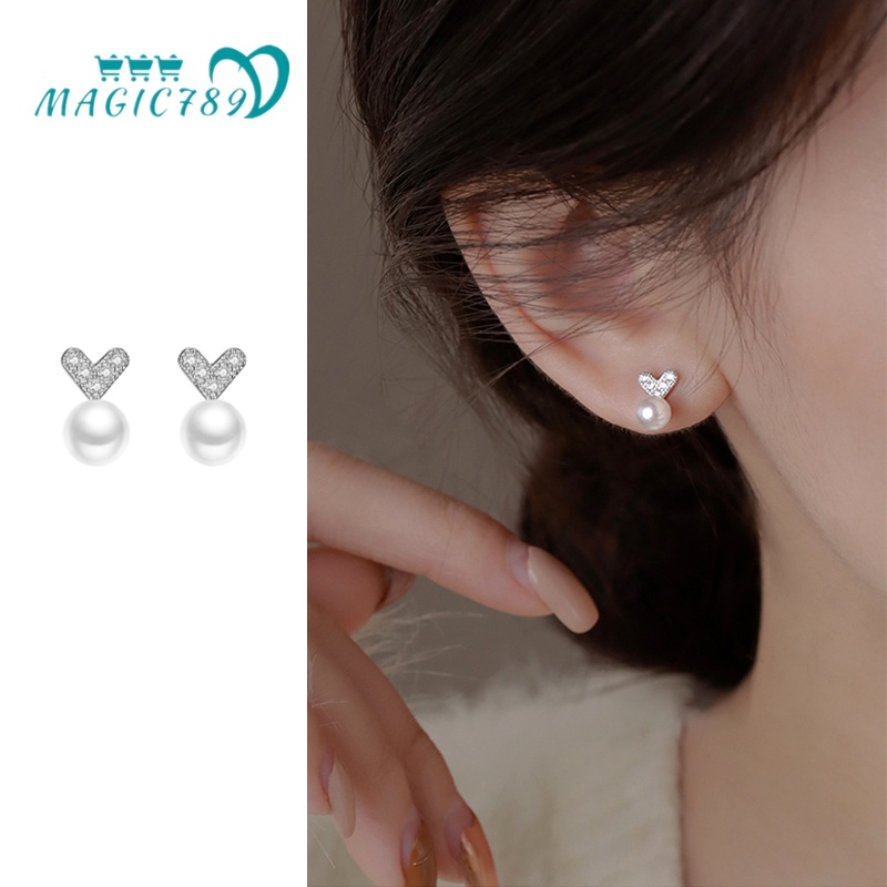 Magic789 Chic S925 Perak Bersinar Kristal Hati Mutiara Stud Anting-Anting Untuk Wanita Perempuan Elegan Berkilau Zirkon Peach Jantung Anting-Anting Bergaya Telinga Perhiasan