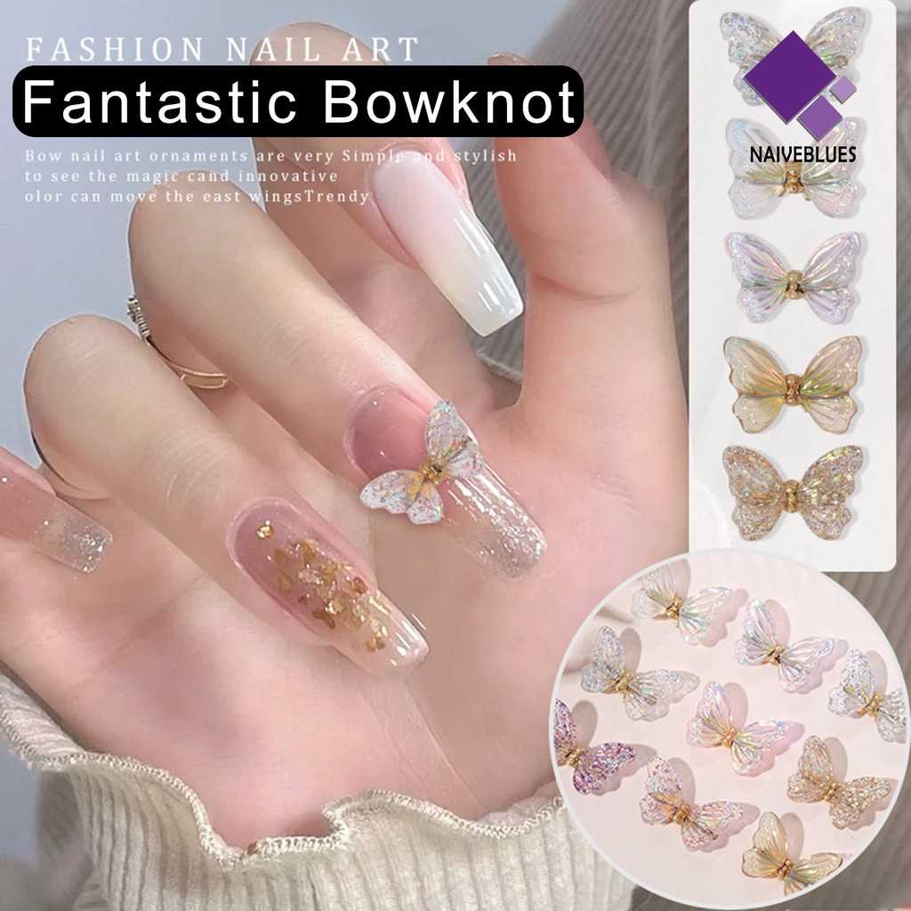 [naiveblues] 10 Pcs Butterfly Nail Charms Berwarna Bersinar Sequin Resin Indah DIY Aksesoris Kuku 3D