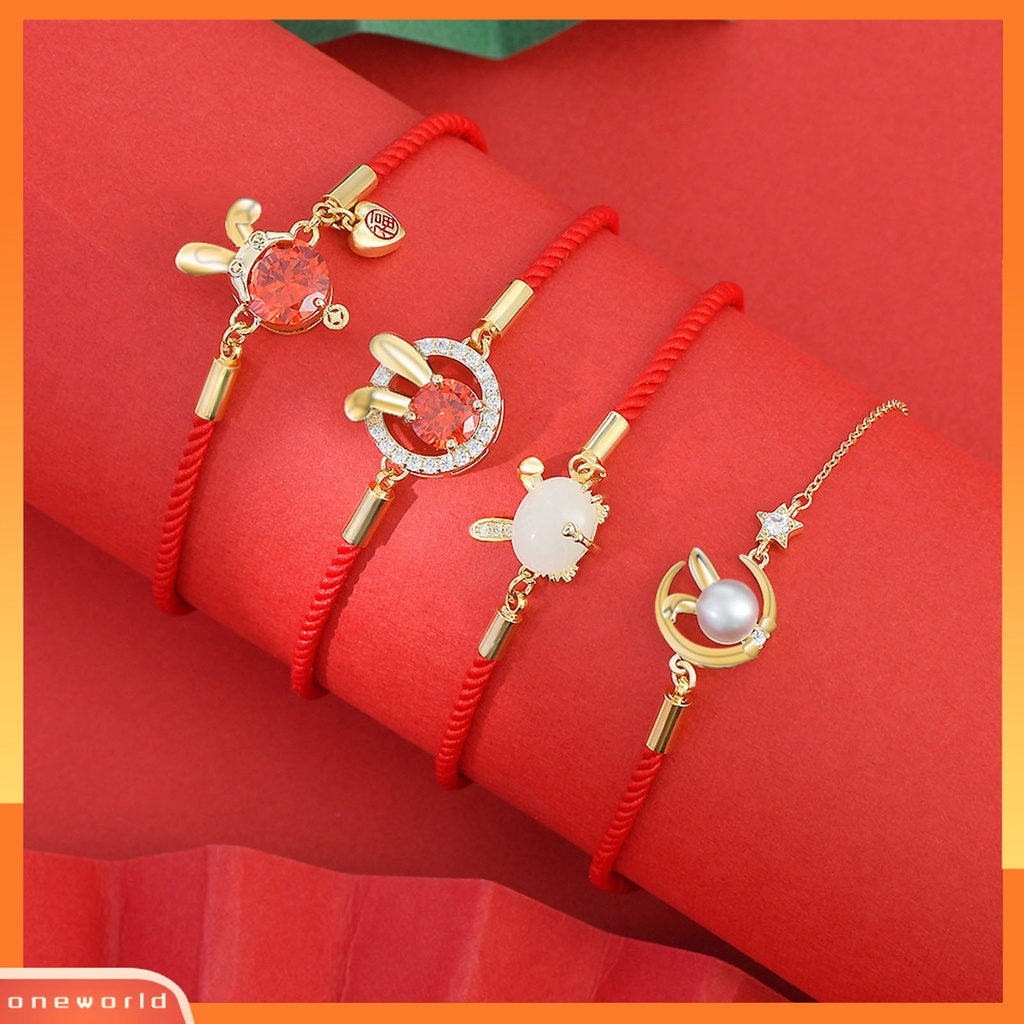 [EONE] Gelang Anyaman Gaya China Meriah Berlian Imitasi Mengkilap Dikepang Tali Merah Adjustable Hias Hadiah Tahun Baru Wanita Gadis Zodiak Kelinci Gelang Tangan Perhiasan Untuk Natal