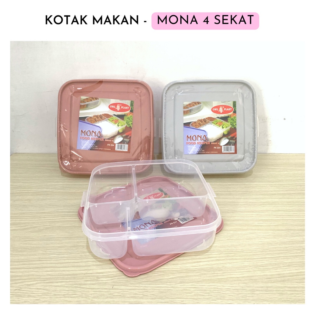 Tempat Makan 4 Sekat Persegi - Mona Food Kepper / Lunch Box Kotak Tepak Bekal Anak Sekolah Polos Aesthetic