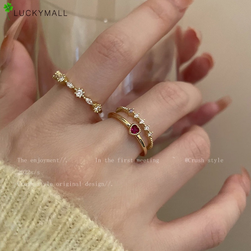 Fashion Emas Merah Batu Permata Jari Cincin Set Untuk Wanita Elegan Zirkon Cincin Perhiasan Aksesoris