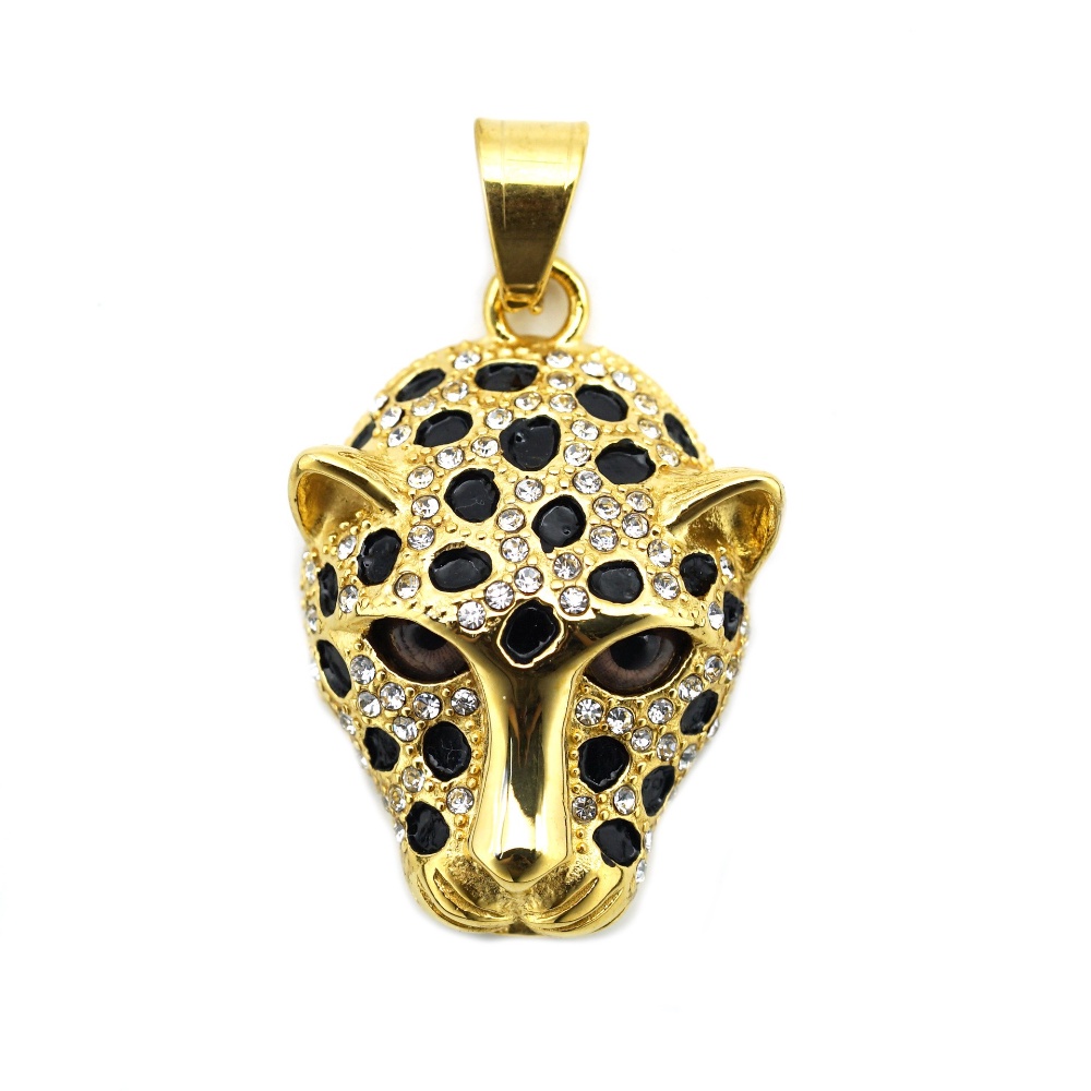 [X C Kalung] 18K Emas Disepuh Hip Hop Perhiasan Baja Titanium Berlapis Emas Penuh Berlian Mata Coklat Leopard Kepala Pria Liontin Kalung Wanita Kalung Hadiah