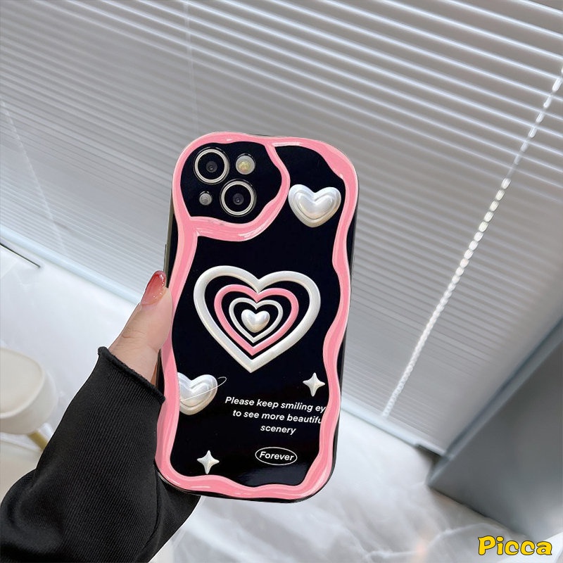 Ins Pink Leopard Love Heart Phone Case Kompatibel Untuk IPhone XR 7Plus 8Plus 11 12 13 14 Pro Max X7 8 6s 6 Plus XS Max SE 2020 3D Wavy Curved Edge Glossy Shockproof Soft Tpu Cover