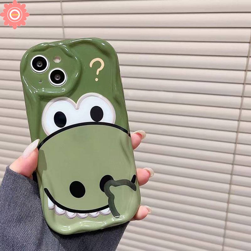 IPHONE 3d Wavy Curved Edge Cartoon Cute Little Dinosaur Phone Case Kompatibel Untuk Iphone11Xr X7 8 6s 6plus12 13 14 Pro Max XS Max SE 2020 Shockproof Glossy Tpu Soft Cover