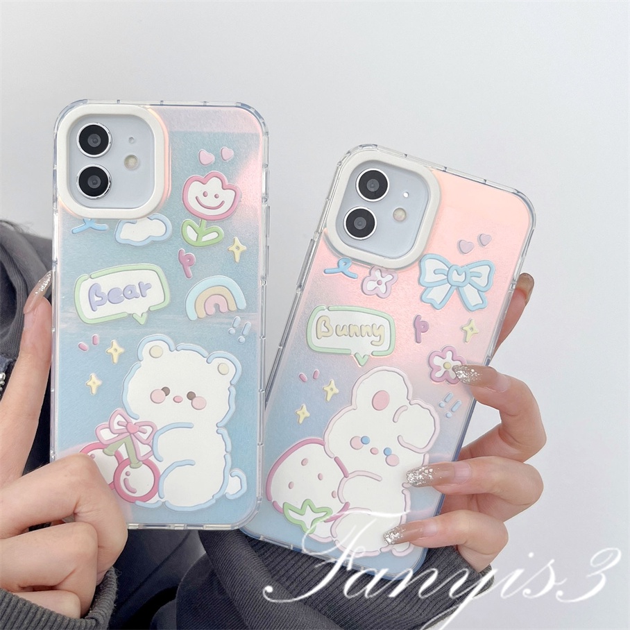 Compatible For IPhone 14 13 12 11 Pro Max X XR Xs Max 8 7 Plus SE 2020 Kompatibel Untuk Cute Little Bear Rabbit IMD Laser Gradient Phone Case TPU Lembut Shockproof Cover Pelindung