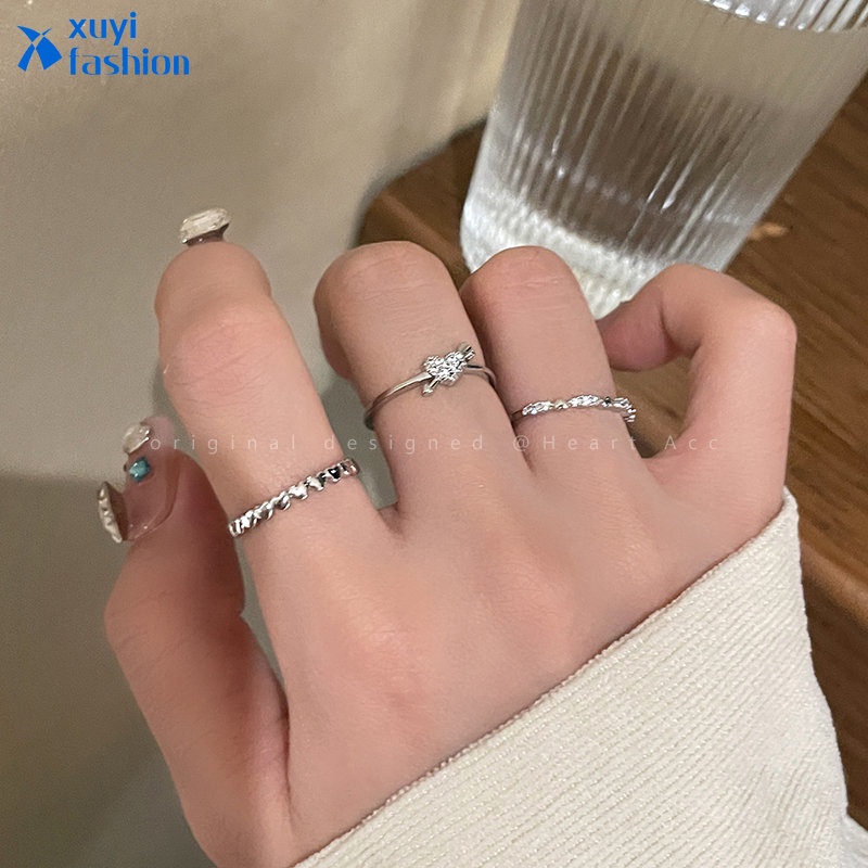 3pcs/set Hati Elegan Cincin Set Pembukaan Zirkon Sliver Korea Untuk Wanita Fashion Perhiasan Acessories